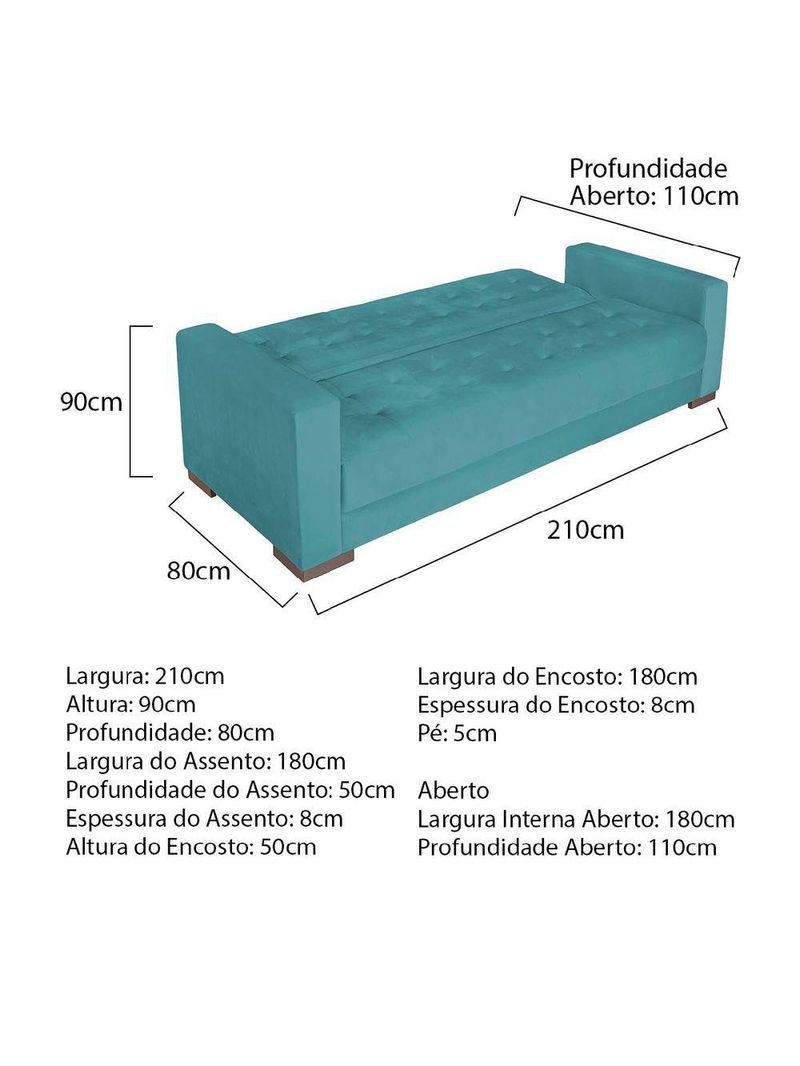 Sofá Cama 3 Lugares Jobim Suede Azul Turquesa