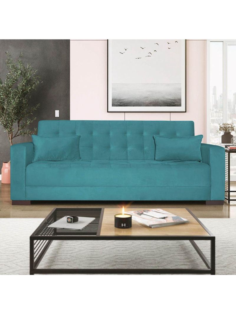 Sofá Cama 3 Lugares Jobim Suede Azul Turquesa