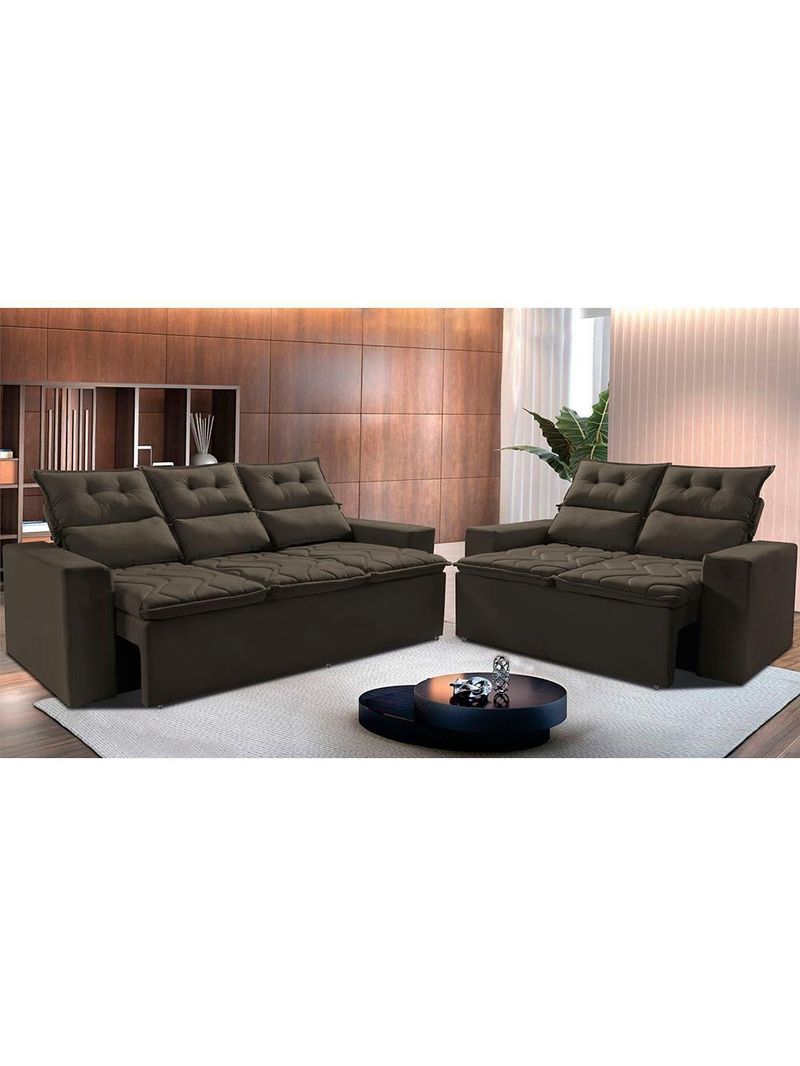 Conjunto De Sofá 3 E 2 Lugares Retrátil E Reclinável 2,00x1,50m Cama Inbox Smal Suede Café