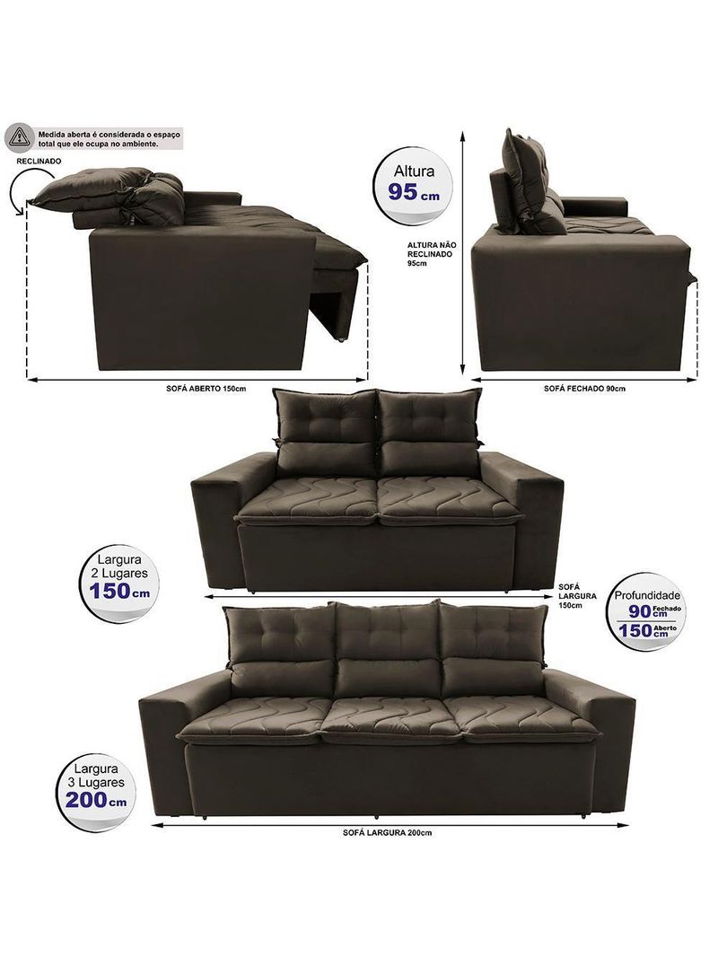 Conjunto De Sofá 3 E 2 Lugares Retrátil E Reclinável 2,00x1,50m Cama Inbox Smal Suede Café