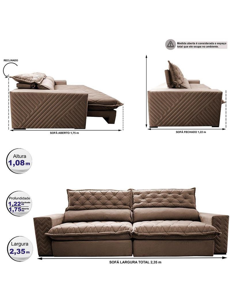Sofá Retrátil E Reclinável 2,35m Molas Ensacadas Castor