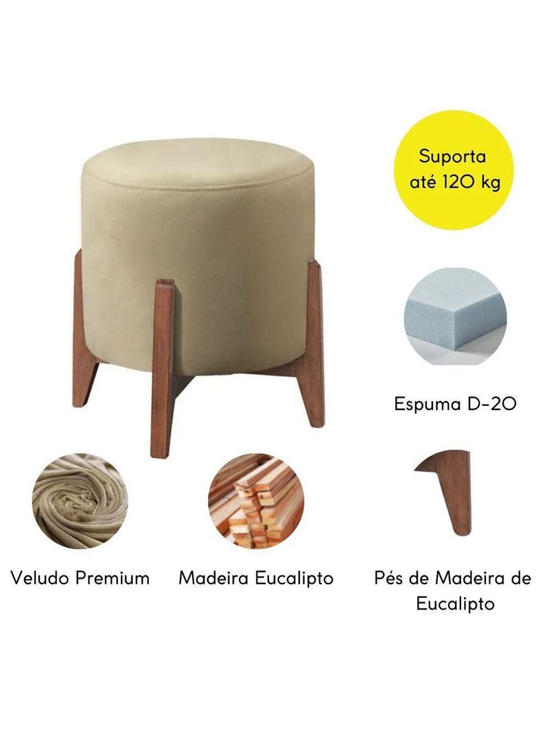 Kit 2 Puff Decorativo para Sala Redondo Luxo Dallas Veludo Bege