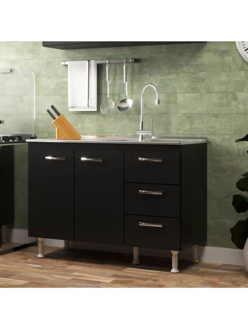 Balcão De Cozinha Sem Pia E Tampo 2 Portas 3 Gavetas Carolina - Black Black