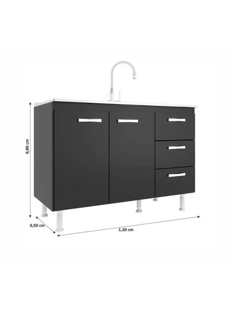 Balcão De Cozinha Sem Pia E Tampo 2 Portas 3 Gavetas Carolina - Black Black