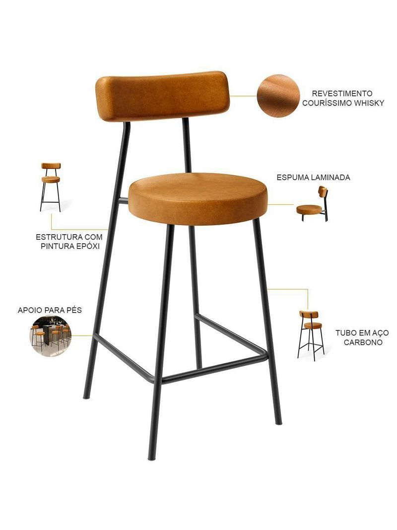 Banqueta Baixa Para Cozinha Sala De Jantar Bar Bancada Milão L02 Couríssimo Whisky - Lyam Decor