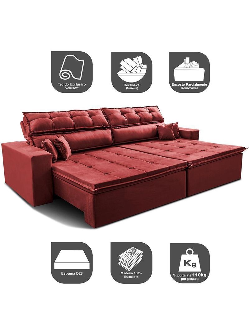 Sofá Retrátil E Reclinável 2,52m Luxos Cama Inbox Velusoft Vermelho