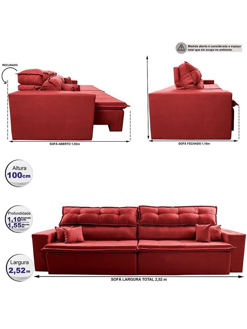 Sofá Retrátil E Reclinável 2,52m Luxos Cama Inbox Velusoft Vermelho