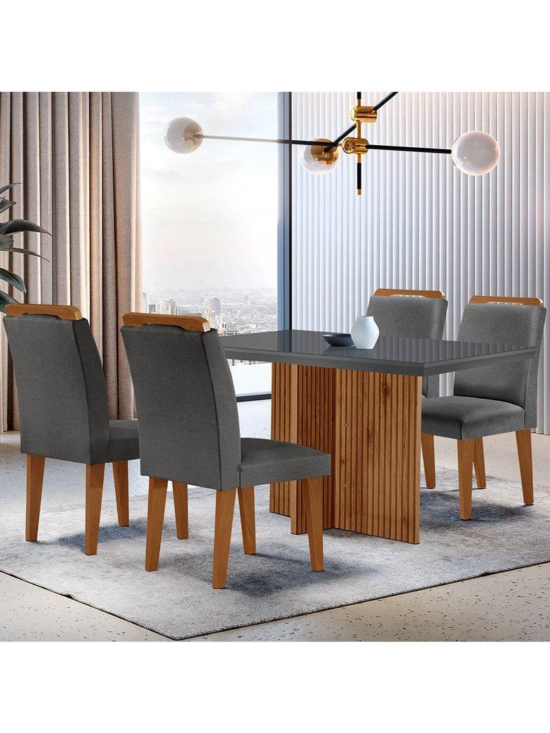 Sala de Jantar Mesa Olímpia 120cm MDF Vidro Canto Reto com 4 Cadeiras Athenas Grafite com Imbuia