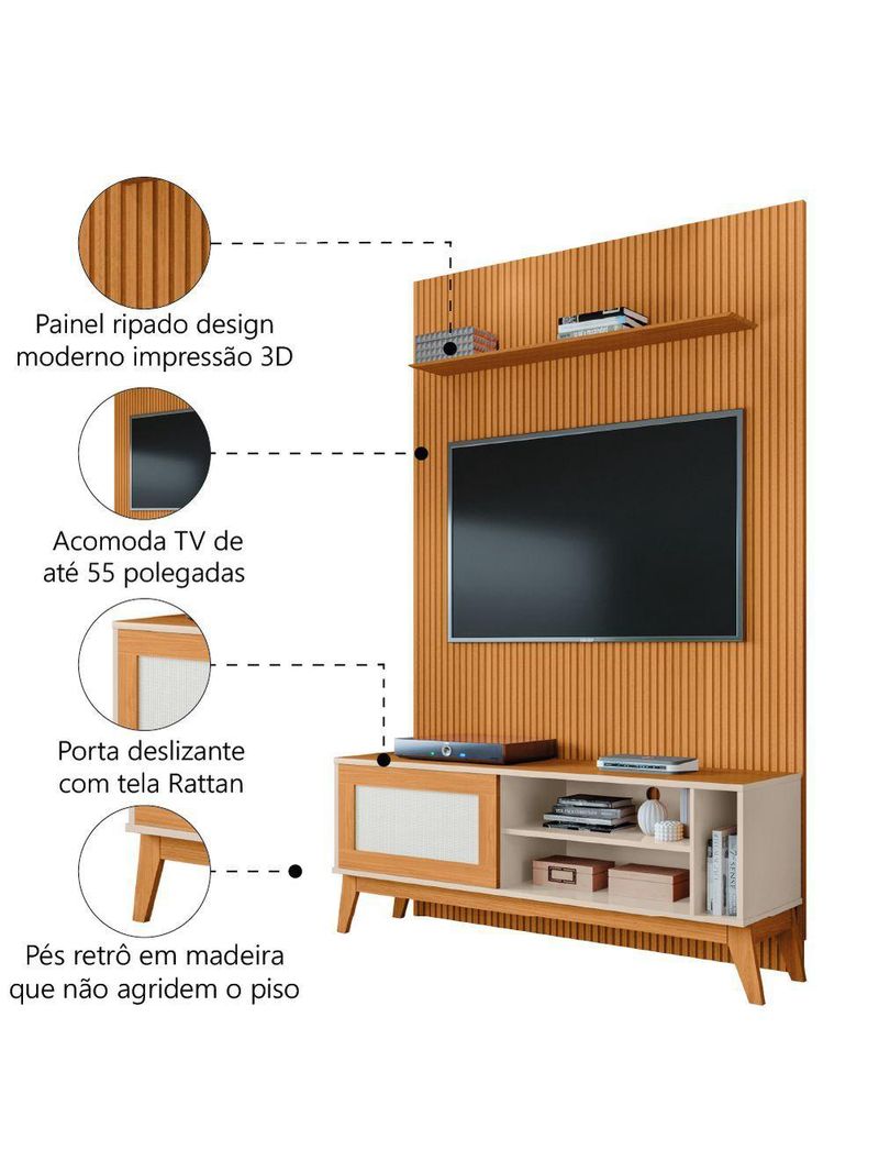 Rack Bancada Caribe Com Painel Para TV Até 55 Polegadas Egeo Cedro/Off White Ripado Impressão 3D EDN