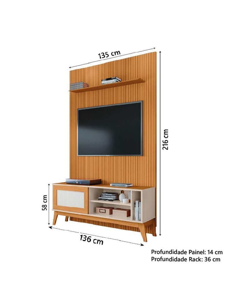 Rack Bancada Caribe Com Painel Para TV Até 55 Polegadas Egeo Cedro/Off White Ripado Impressão 3D EDN