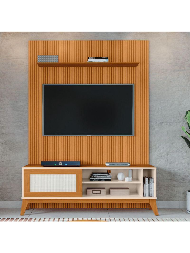 Rack Bancada Caribe Com Painel Para TV Até 55 Polegadas Egeo Cedro/Off White Ripado Impressão 3D EDN