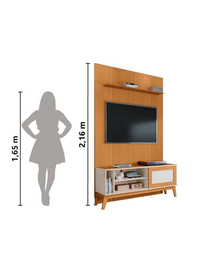 Rack Bancada Caribe Com Painel Para TV Até 55 Polegadas Egeo Cedro/Off White Ripado Impressão 3D EDN