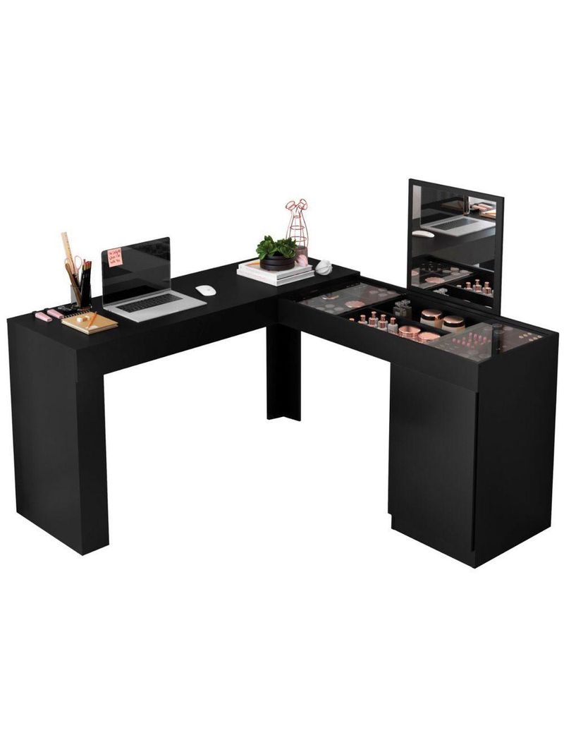 Penteadeira Escrivaninha em L com Espelho e 1 Porta Isis – Preto