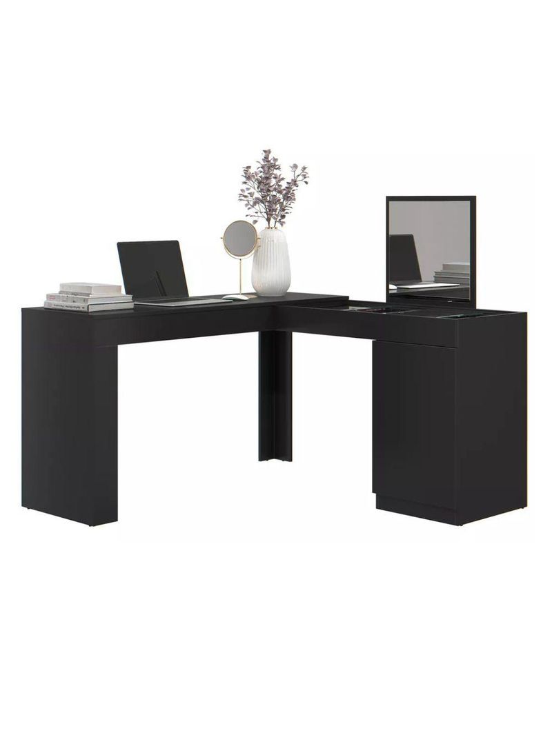 Penteadeira Escrivaninha em L com Espelho e 1 Porta Isis – Preto