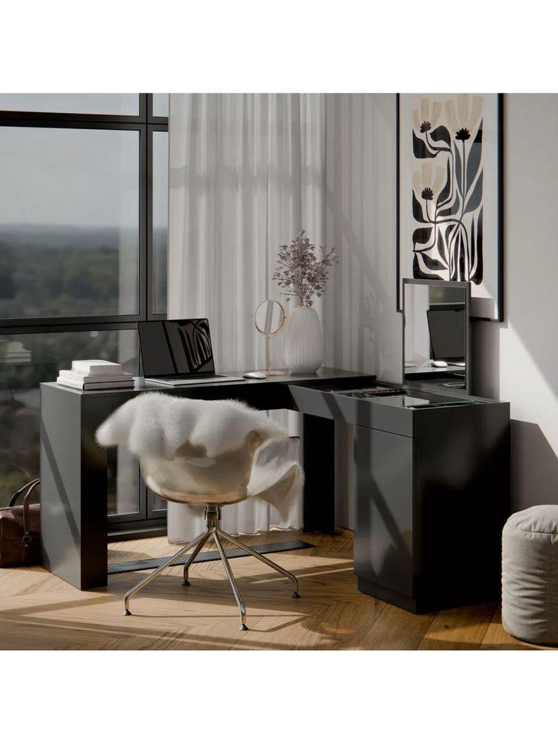 Penteadeira Escrivaninha em L com Espelho e 1 Porta Isis – Preto