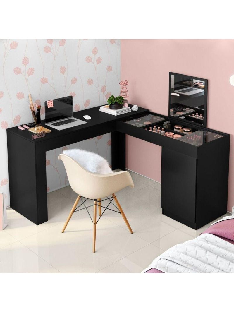 Penteadeira Escrivaninha em L com Espelho e 1 Porta Isis – Preto
