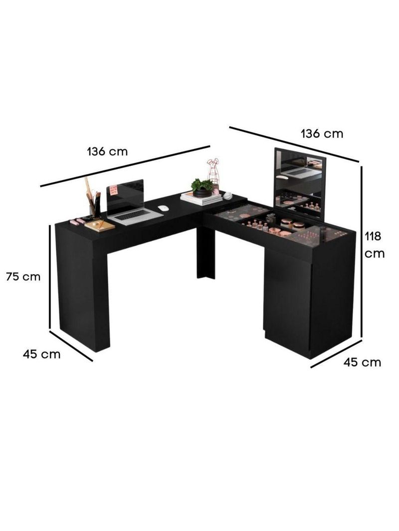 Penteadeira Escrivaninha em L com Espelho e 1 Porta Isis – Preto