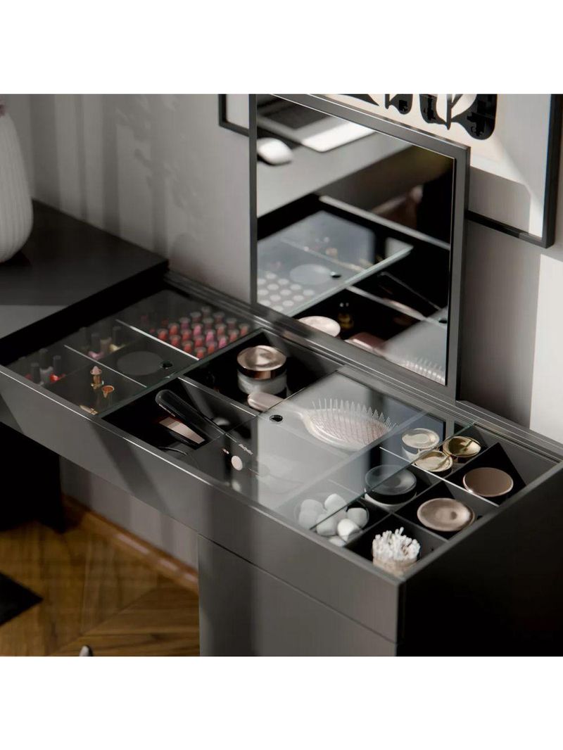 Penteadeira Escrivaninha em L com Espelho e 1 Porta Isis – Preto