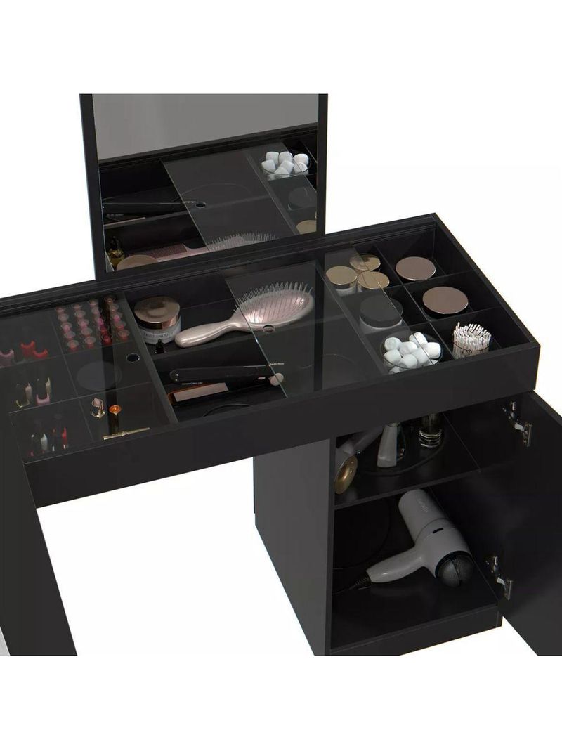 Penteadeira Escrivaninha em L com Espelho e 1 Porta Isis – Preto