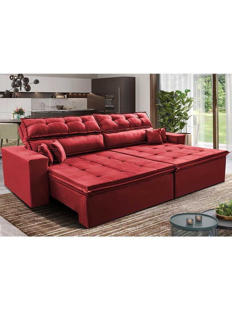 Sofá Retrátil E Reclinável 2,72m Luxos Cama Inbox Velusoft Vermelho
