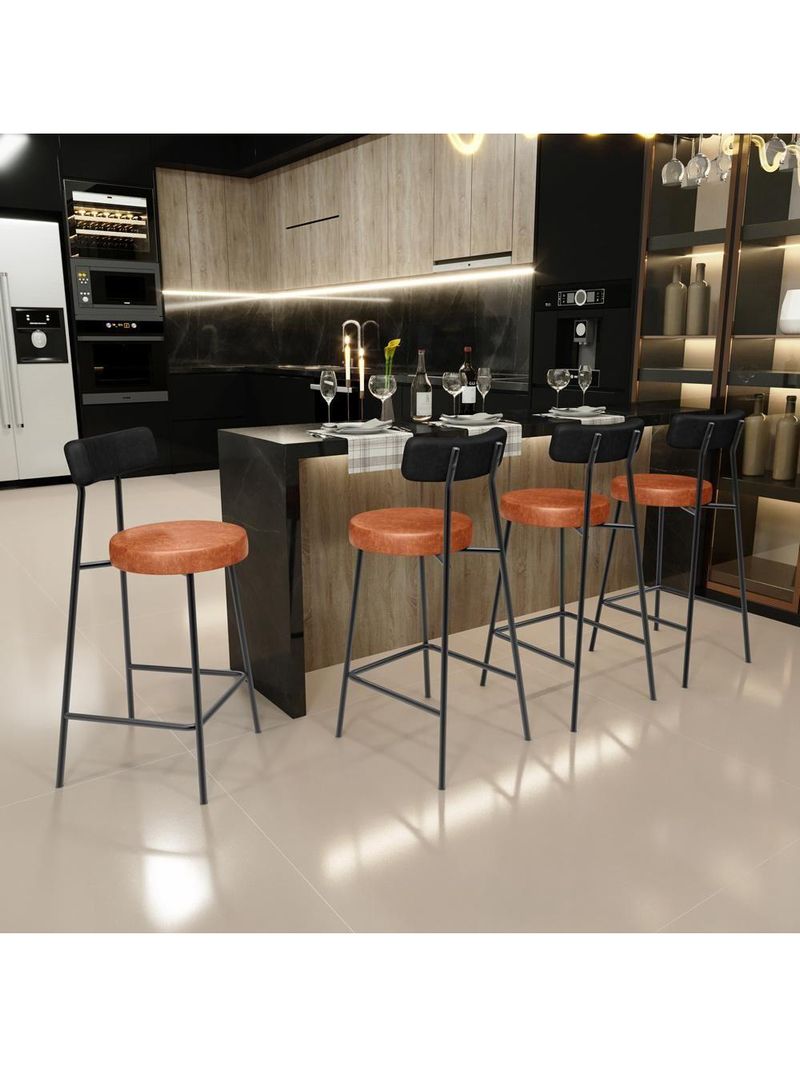 Banqueta Baixa Cozinha Sala Jantar Bancada Milão L02 Couríssimo Preto Brilho Camel - Lyam Decor