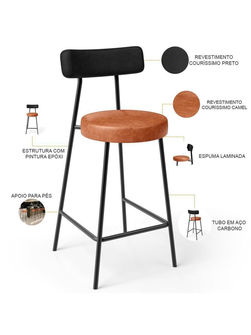 Banqueta Baixa Cozinha Sala Jantar Bancada Milão L02 Couríssimo Preto Brilho Camel - Lyam Decor