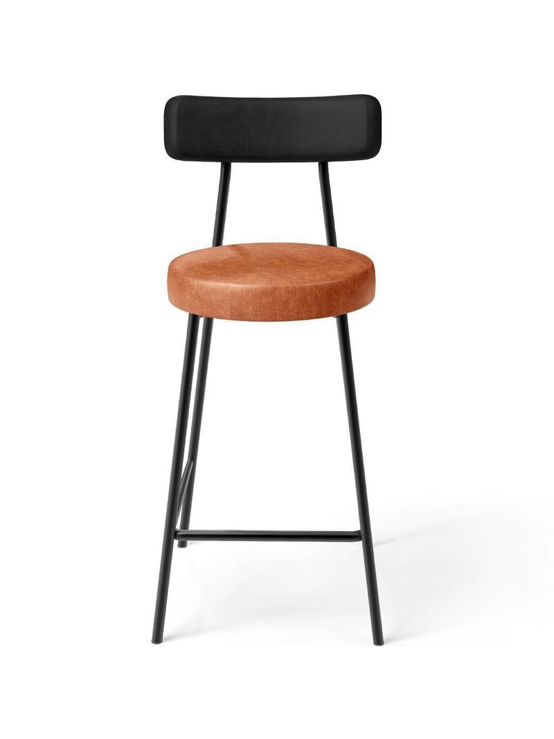 Banqueta Baixa Cozinha Sala Jantar Bancada Milão L02 Couríssimo Preto Brilho Camel - Lyam Decor