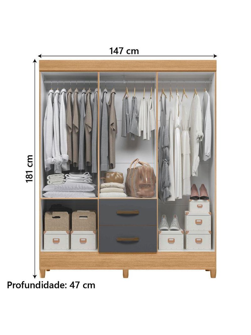 Guarda Roupas Casal Com EspelhoMobi Nature/Grafite Albatroz