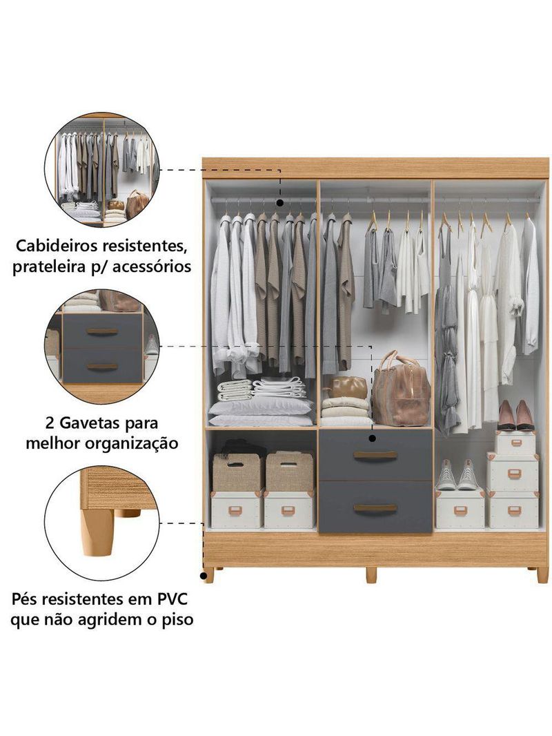 Guarda Roupas Casal Com EspelhoMobi Nature/Grafite Albatroz