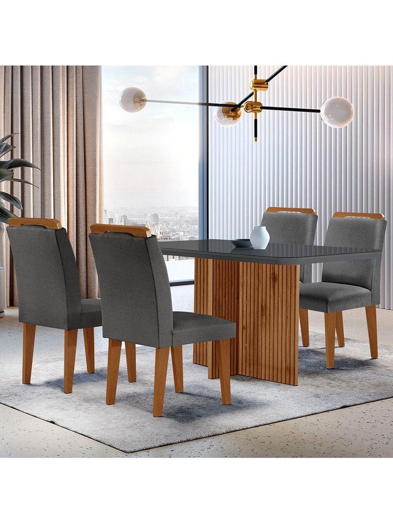 Mesa Olímpia 120cm Mdf Vidro Canto Copo Com 4 Cadeiras