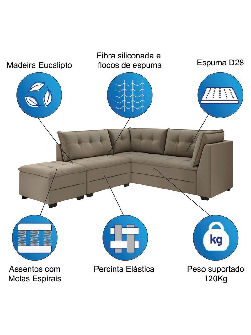 Sofá De Canto Com Puff Monte Do Seu Jeito Benfica Veludo Luizzi Cappuccino
