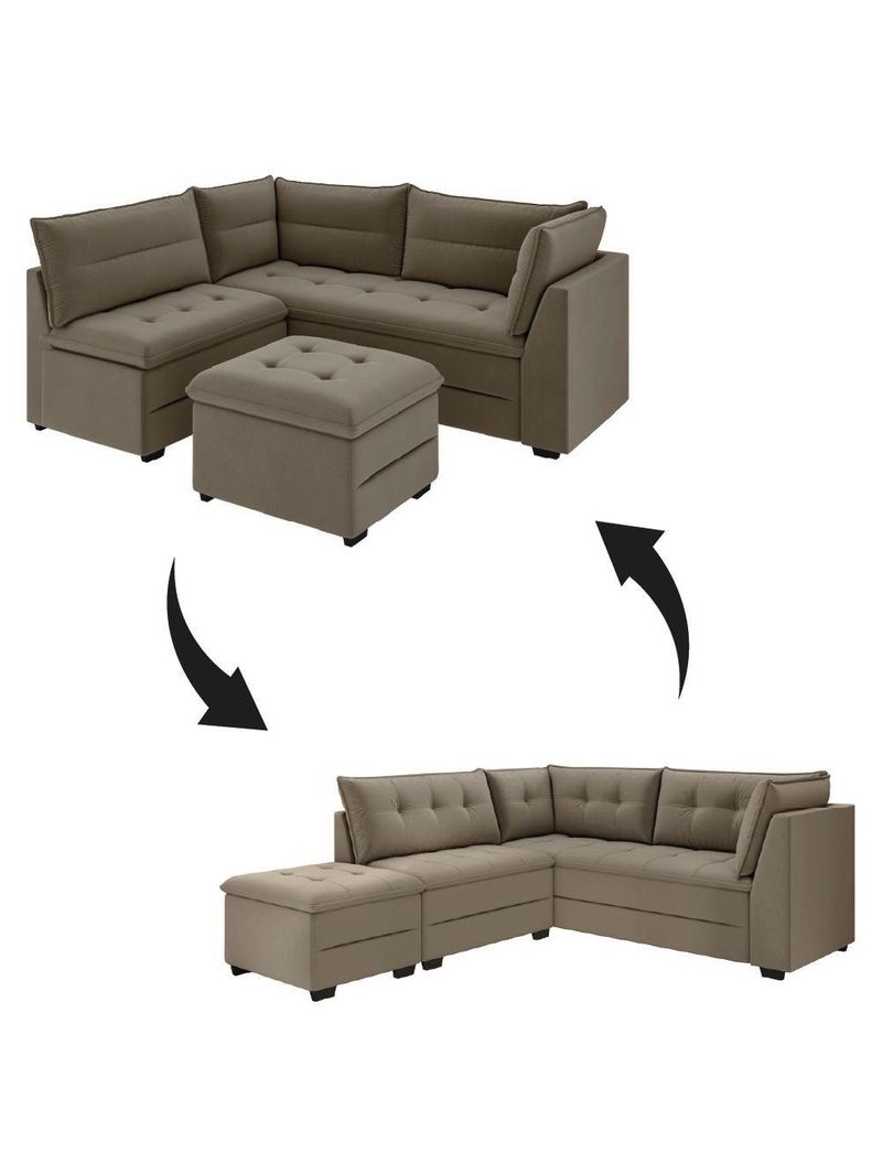 Sofá De Canto Com Puff Monte Do Seu Jeito Benfica Veludo Luizzi Cappuccino