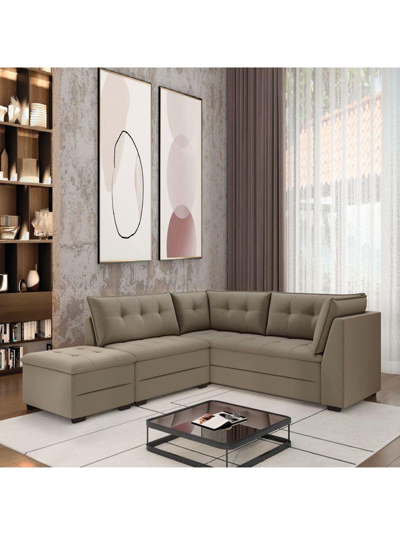 Sofá De Canto Com Puff Monte Do Seu Jeito Benfica Veludo Luizzi Cappuccino