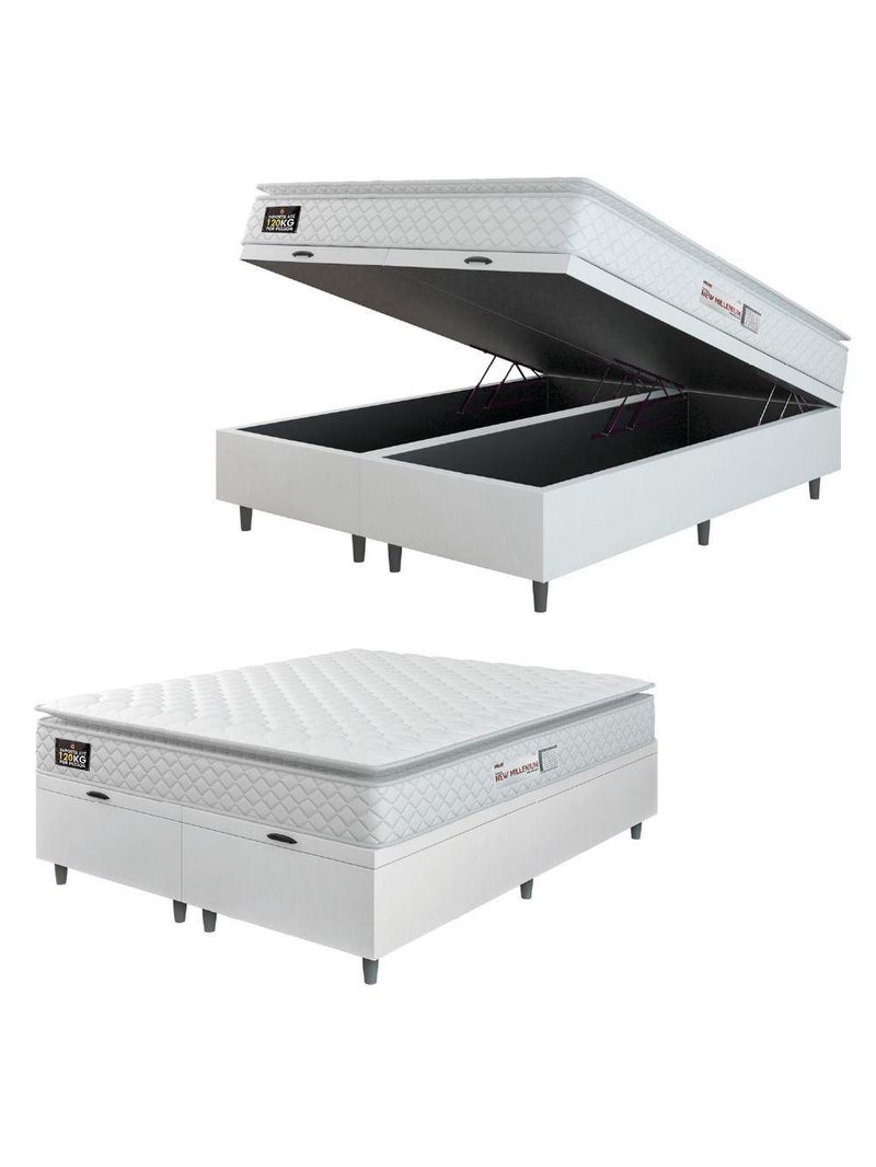 Cama Box Baú Casal Queen Colchão Espuma D33 Pillow Top New Millenium 158x188x60cm Branco Hellen