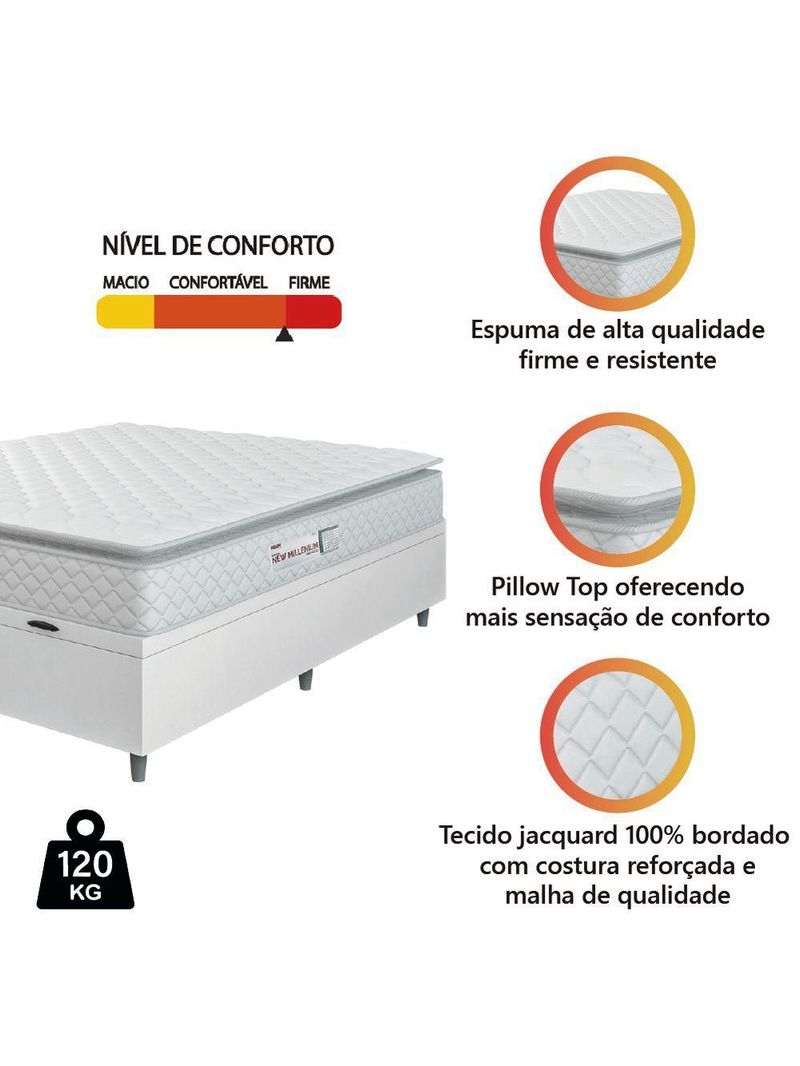 Cama Box Baú Casal Queen Colchão Espuma D33 Pillow Top New Millenium 158x188x60cm Branco Hellen