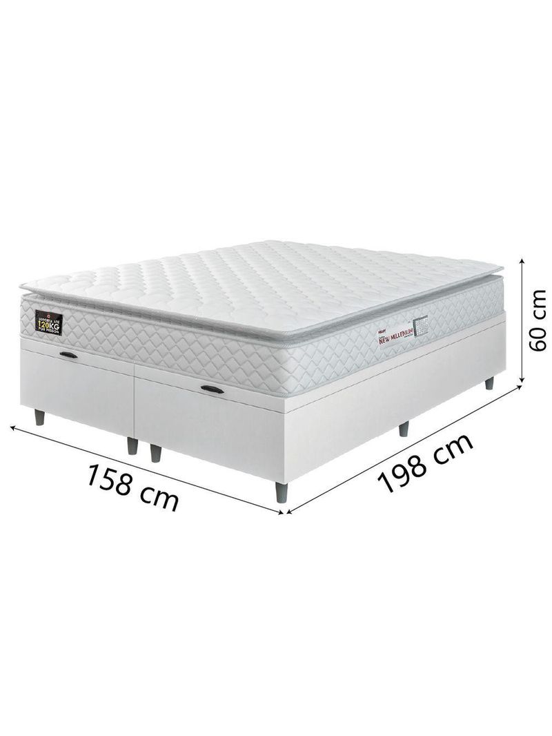 Cama Box Baú Casal Queen Colchão Espuma D33 Pillow Top New Millenium 158x188x60cm Branco Hellen