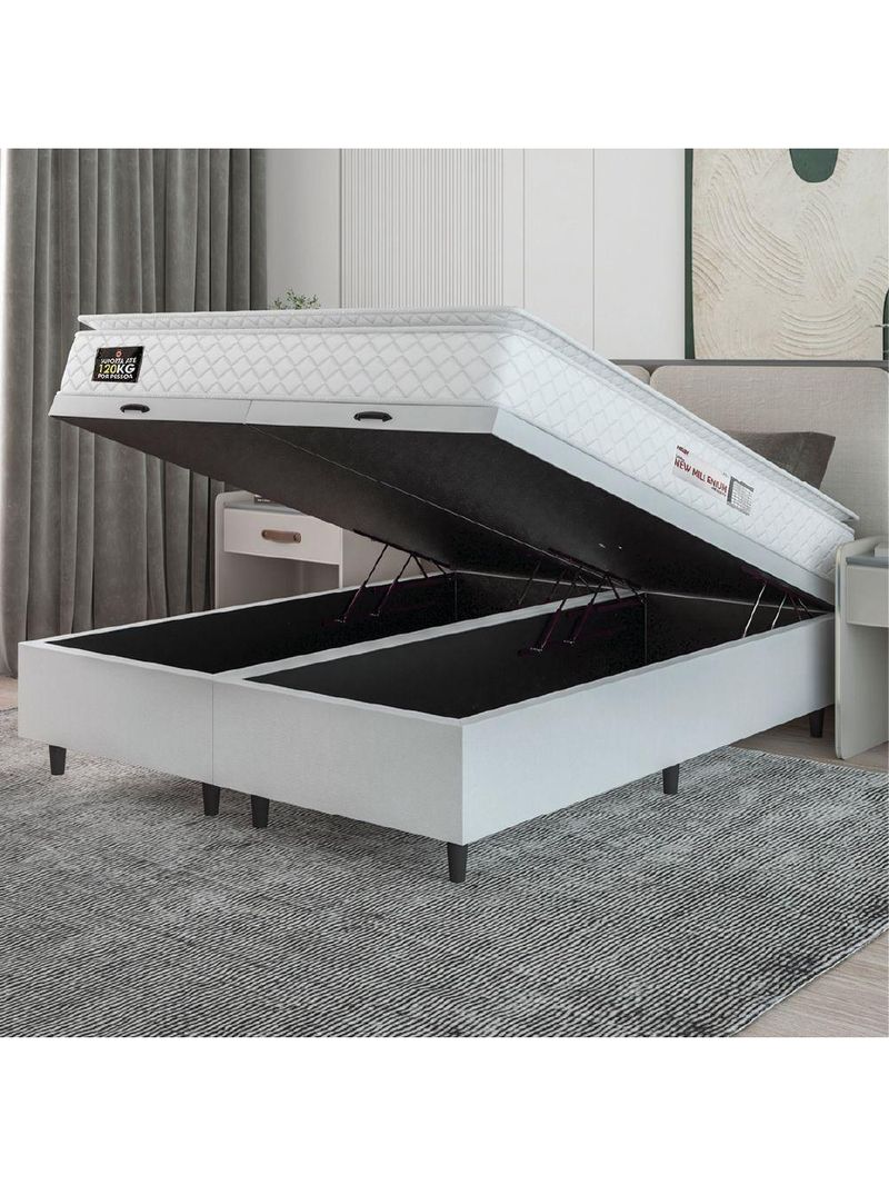 Cama Box Baú Casal Queen Colchão Espuma D33 Pillow Top New Millenium 158x188x60cm Branco Hellen