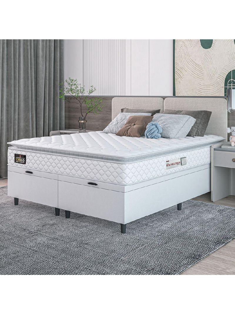 Cama Box Baú Casal Queen Colchão Espuma D33 Pillow Top New Millenium 158x188x60cm Branco Hellen