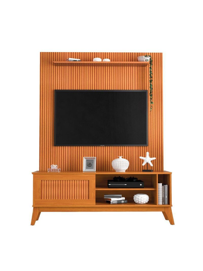Rack Bancada Aruba Com Painel Para TV Até 55 Polegadas Egeo Cedro Ripado Impressão 3D EDN