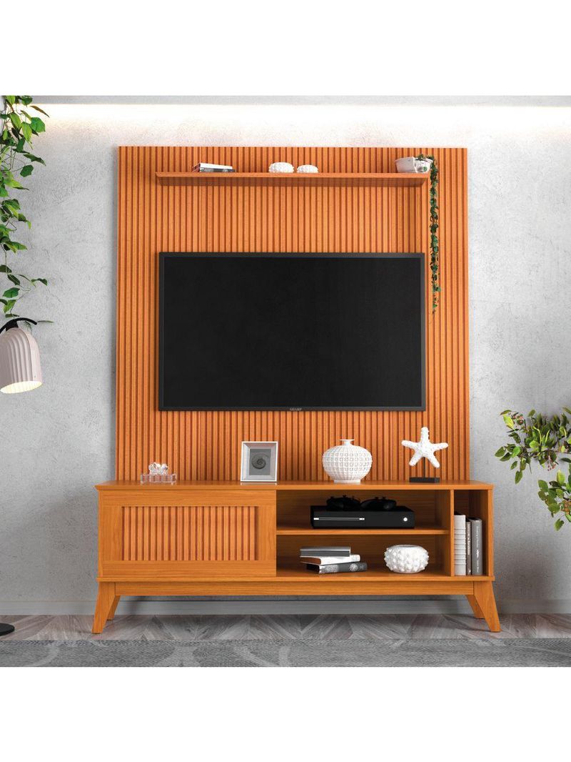 Rack Bancada Aruba Com Painel Para TV Até 55 Polegadas Egeo Cedro Ripado Impressão 3D EDN