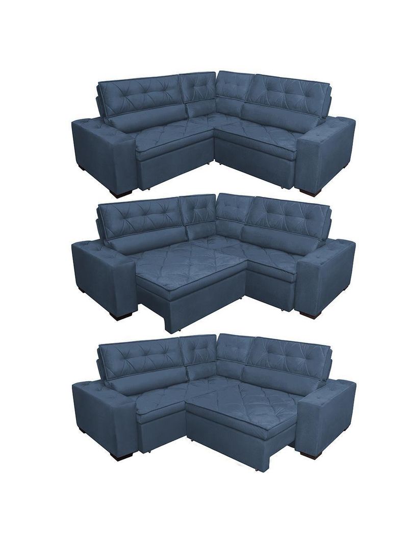 Sofa De Canto Retrátil E Reclinável Com Molas Cama Inbox Austin 2,50m X 2,50m Suede Velusoft Azul