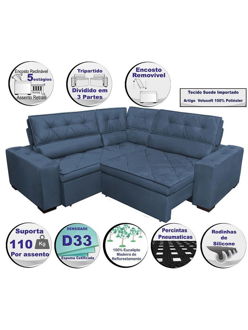 Sofa De Canto Retrátil E Reclinável Com Molas Cama Inbox Austin 2,50m X 2,50m Suede Velusoft Azul