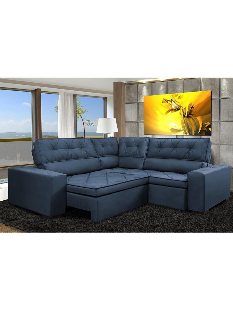 Sofa De Canto Retrátil E Reclinável Com Molas Cama Inbox Austin 2,50m X 2,50m Suede Velusoft Azul