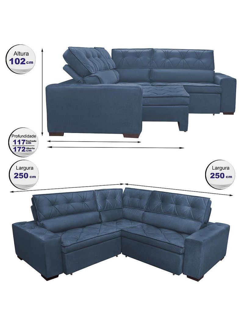 Sofa De Canto Retrátil E Reclinável Com Molas Cama Inbox Austin 2,50m X 2,50m Suede Velusoft Azul