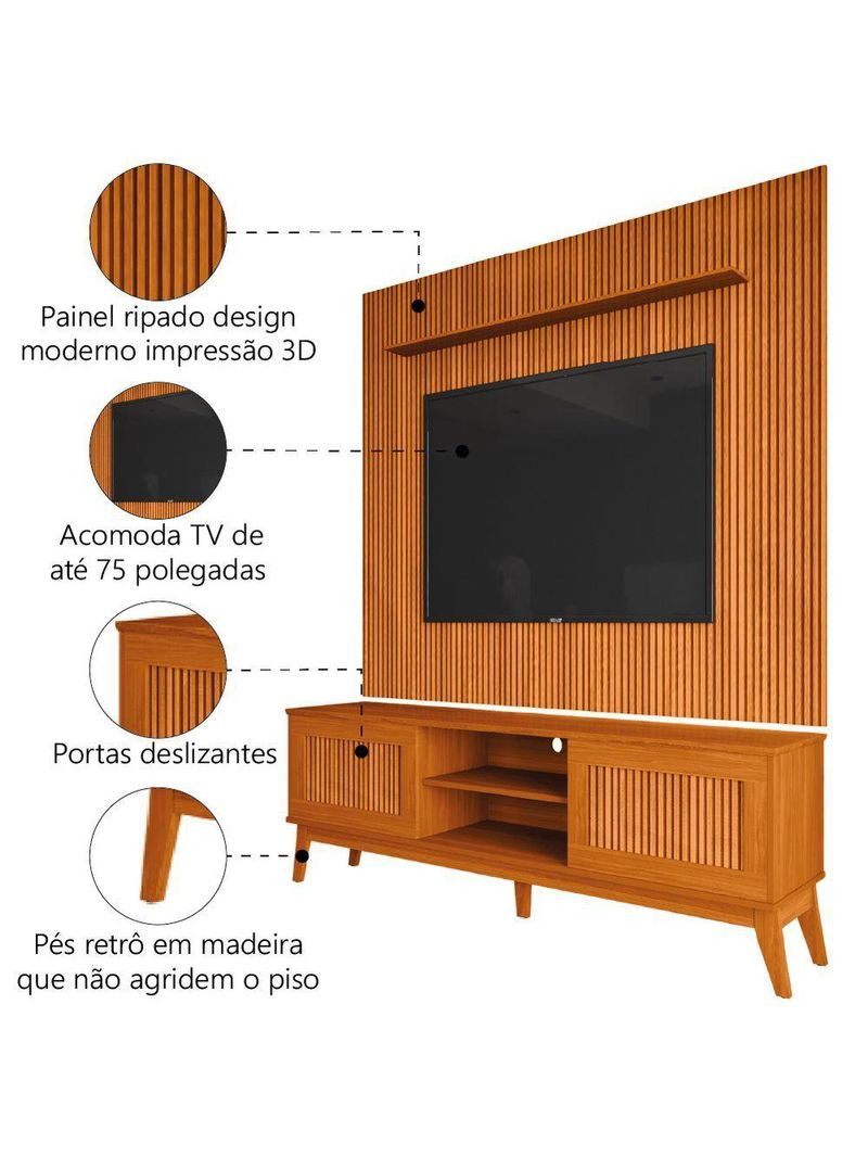 Rack Bancada King Com Painel Para TV Até 75 Polegadas Avante Cedro Ripado Impressão 3D EDN