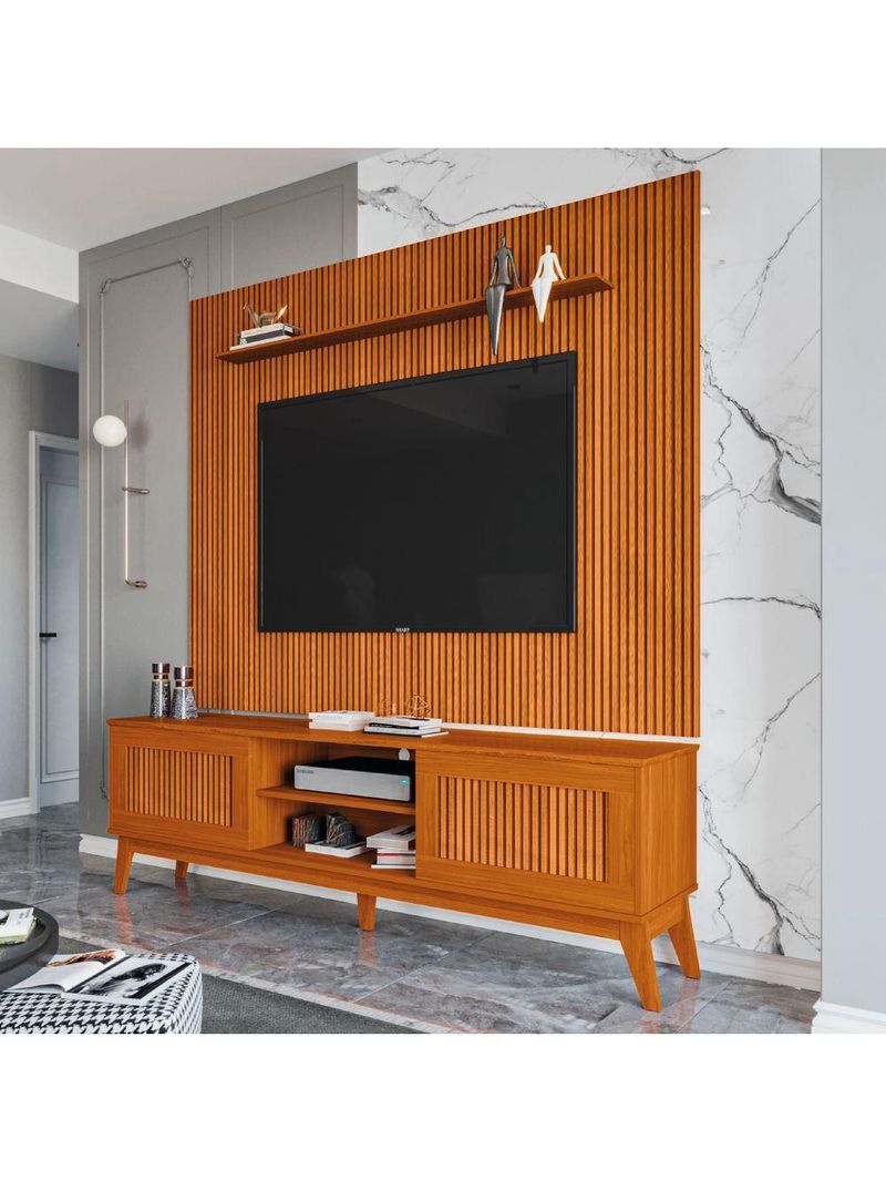 Rack Bancada King Com Painel Para TV Até 75 Polegadas Avante Cedro Ripado Impressão 3D EDN