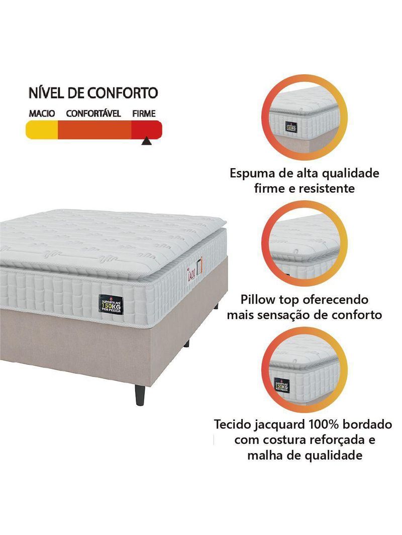 Cama Box Colchão Casal Espuma D45 Lazio Pillow Top 138x188x67cm Branco-Bege Hellen Suporta até 120kg por Pessoa