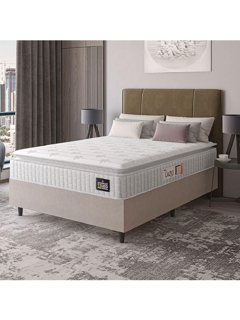 Cama Box Colchão Casal Espuma D45 Lazio Pillow Top 138x188x67cm Branco-Bege Hellen Suporta até 120kg por Pessoa