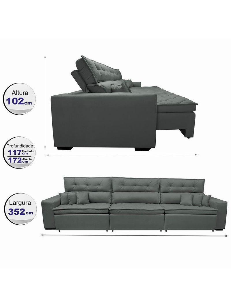 Sofá Retrátil E Reclinável 3,52m Austin Com Molas No Assento Tecido Suede Velusoft Cinza