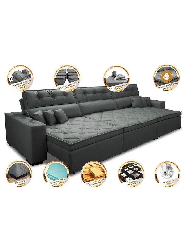 Sofá Retrátil E Reclinável 3,52m Austin Com Molas No Assento Tecido Suede Velusoft Cinza